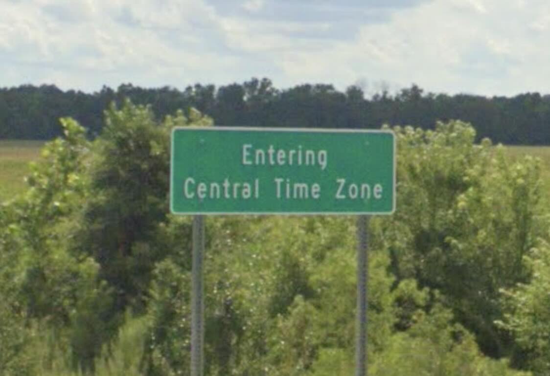 Entering Central Time Zone Sign on I-69, Indiana. Image from Google Street View; August 2023.