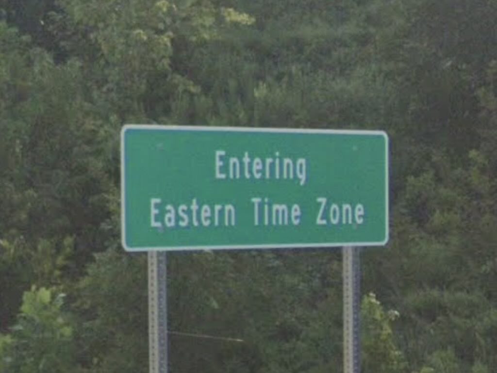 Entering Eastern Time Zone Sign on I-69, Indiana. Image from Google Street View; August 2023.